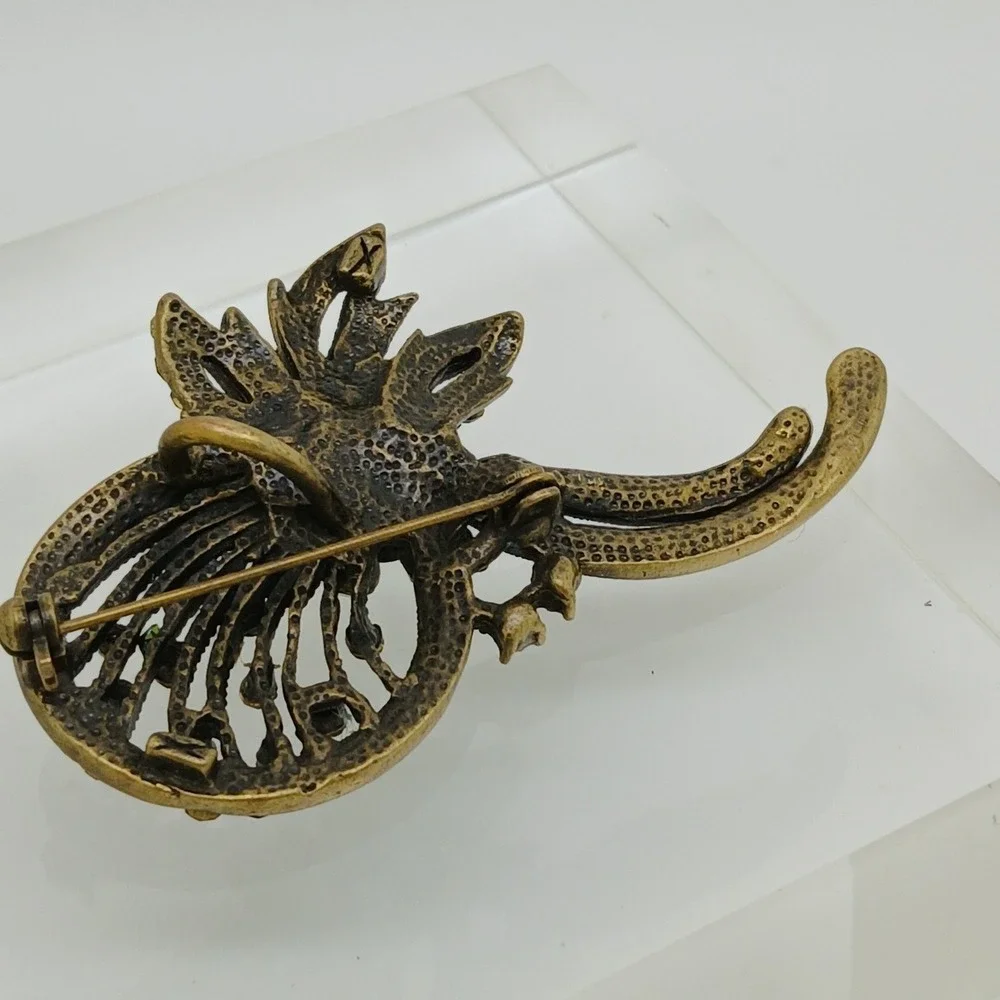 Vintage Green Rhinestone Brooch Pendant Bronze Tone‎ Floral Pin Unisex